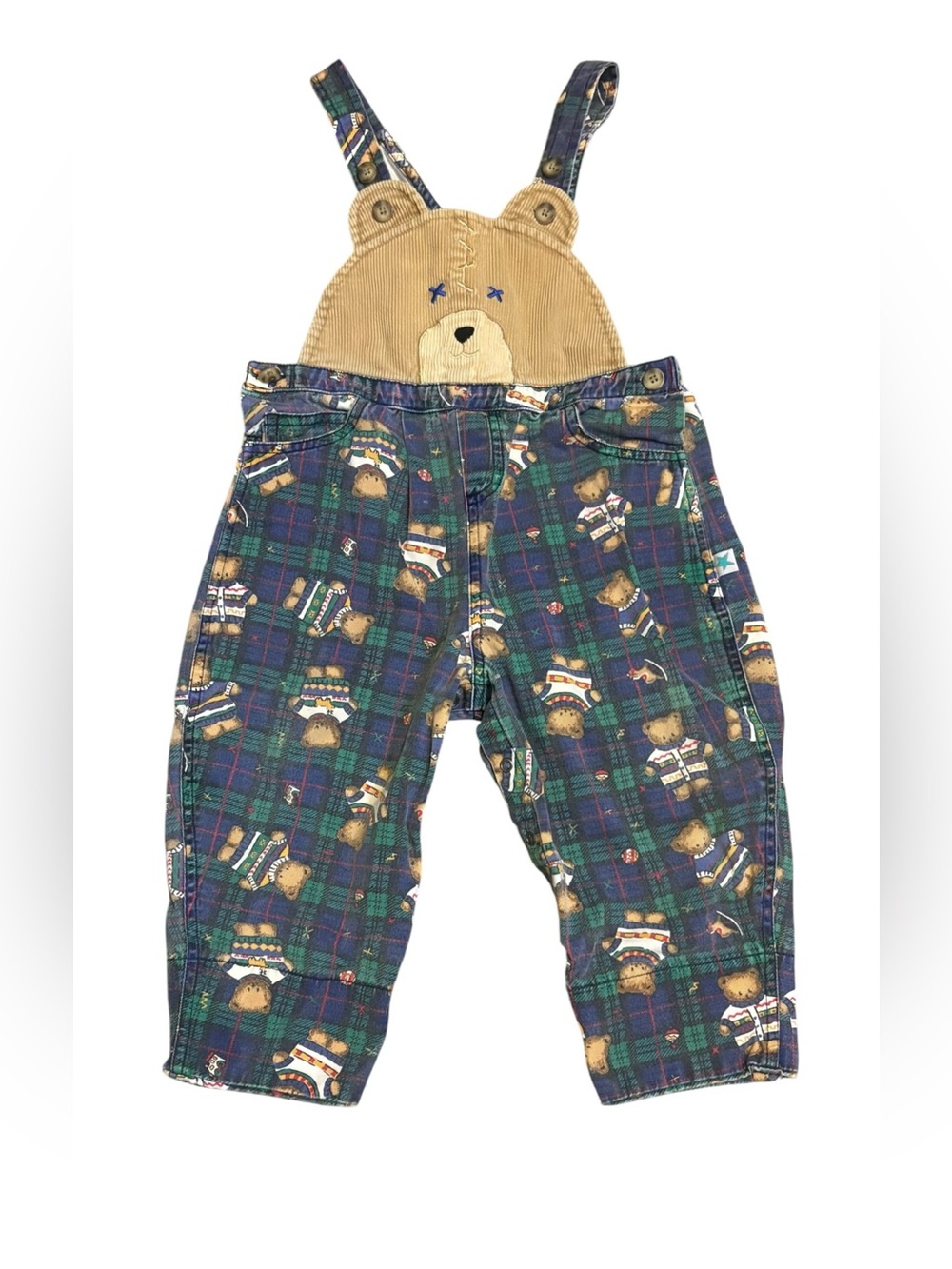 Vintage 90s Little Me Teddy Bear Plaid Overalls 24 Months Corduroy Bib